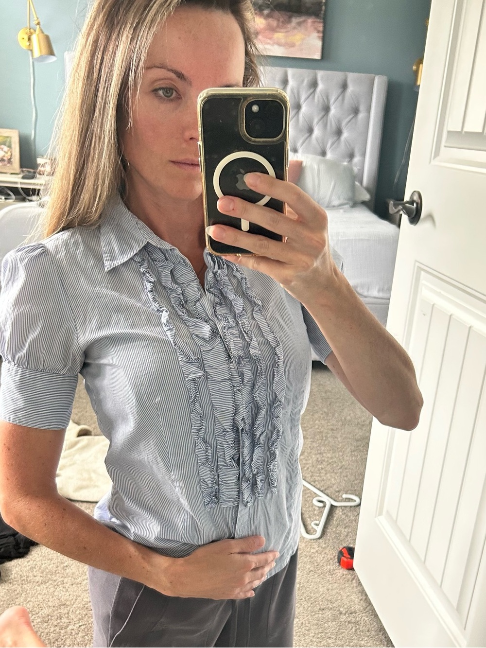 Blue Striped Ruffle-Front Short Sleeve Button-Down Shirt